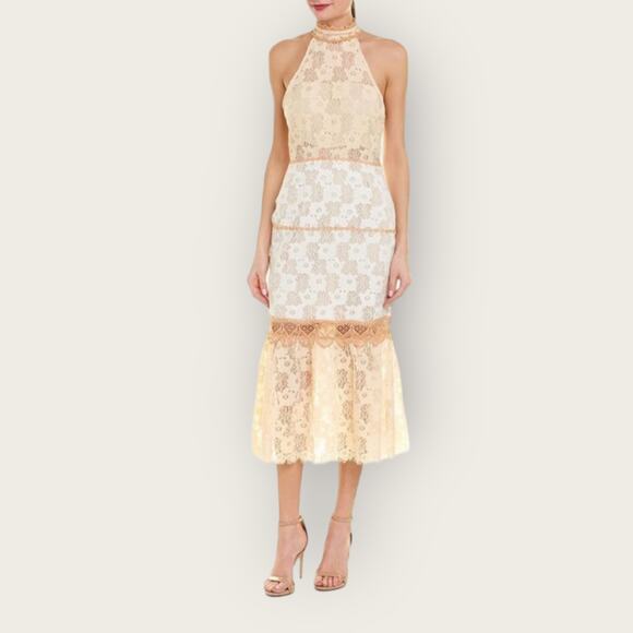 Foxiedox Amelia Lace Halter Midi Dress | Medium | Beige Mermaid Tiered Cottage - Picture 10 of 10